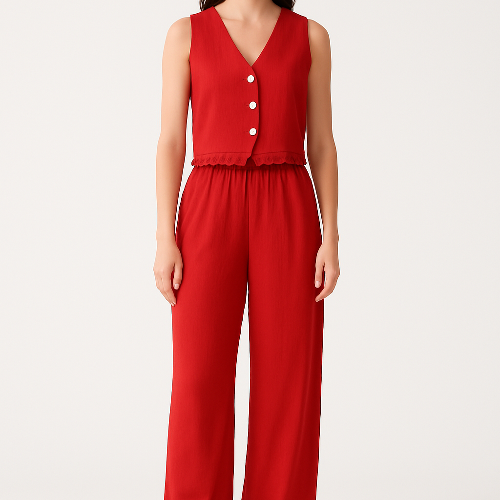 Completo da donna: gilet e pantaloni a gamba larga – taglio aderente – dettagli in pizzo – tessuto traspirante