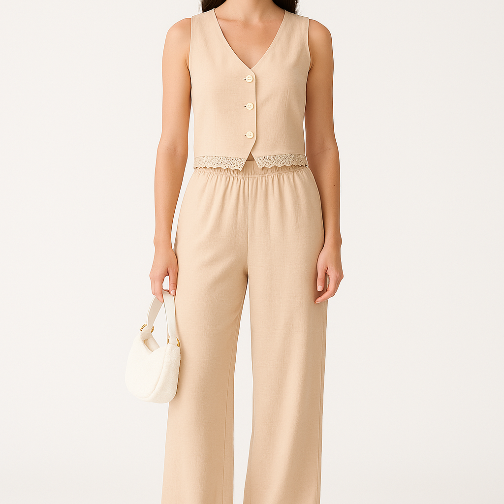 Completo da donna: gilet e pantaloni a gamba larga – taglio aderente – dettagli in pizzo – tessuto traspirante