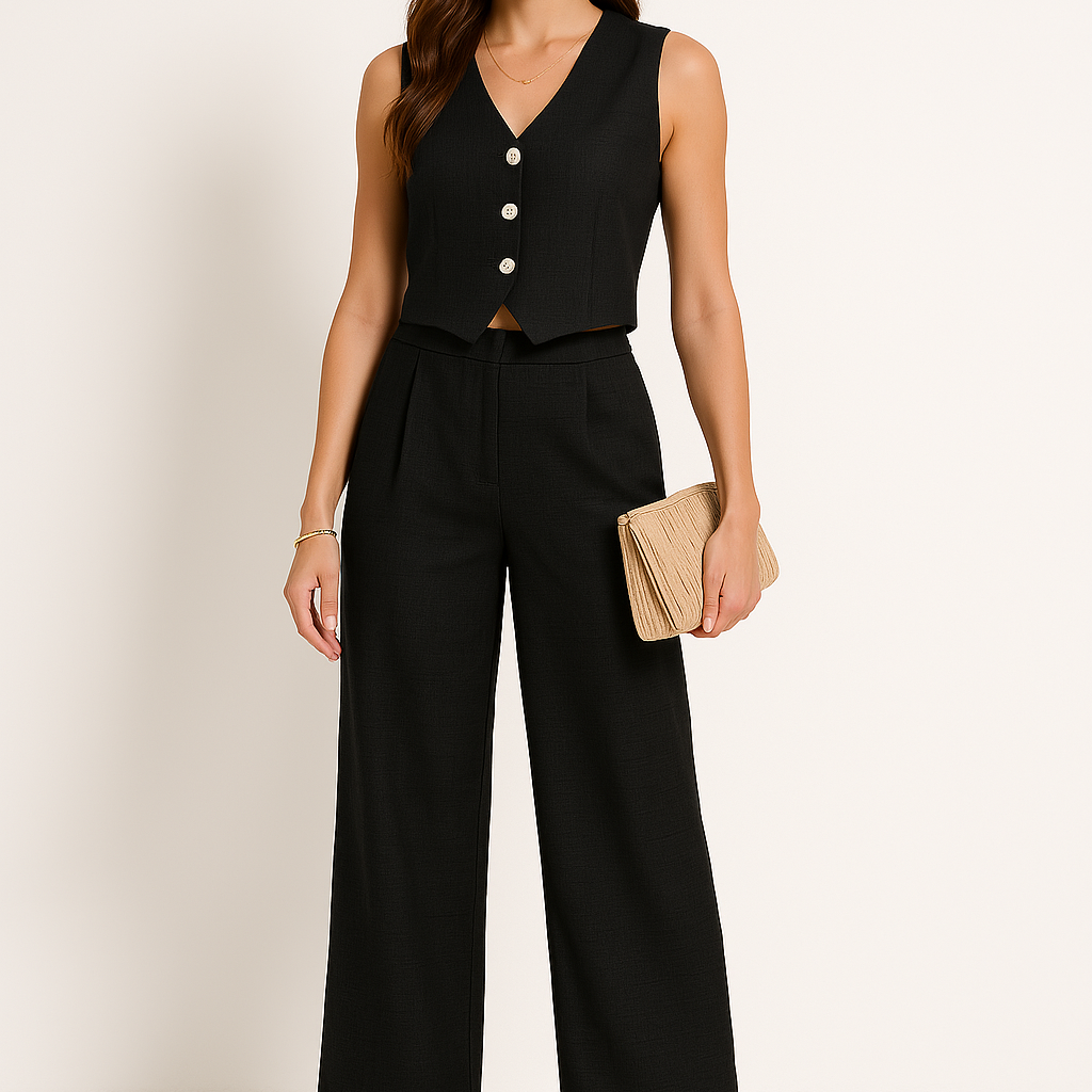 Gilet da donna – Taglio aderente – Scollo a V – Abbottonato – Orlo corto strutturato