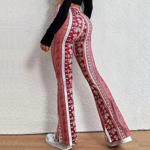 Pantaloni svasati da donna – Vita alta – Motivo bohémien – Taglio aderente e comodo
