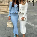 Elegante completo da ufficio lungo in maglia coordinato, due pezzi