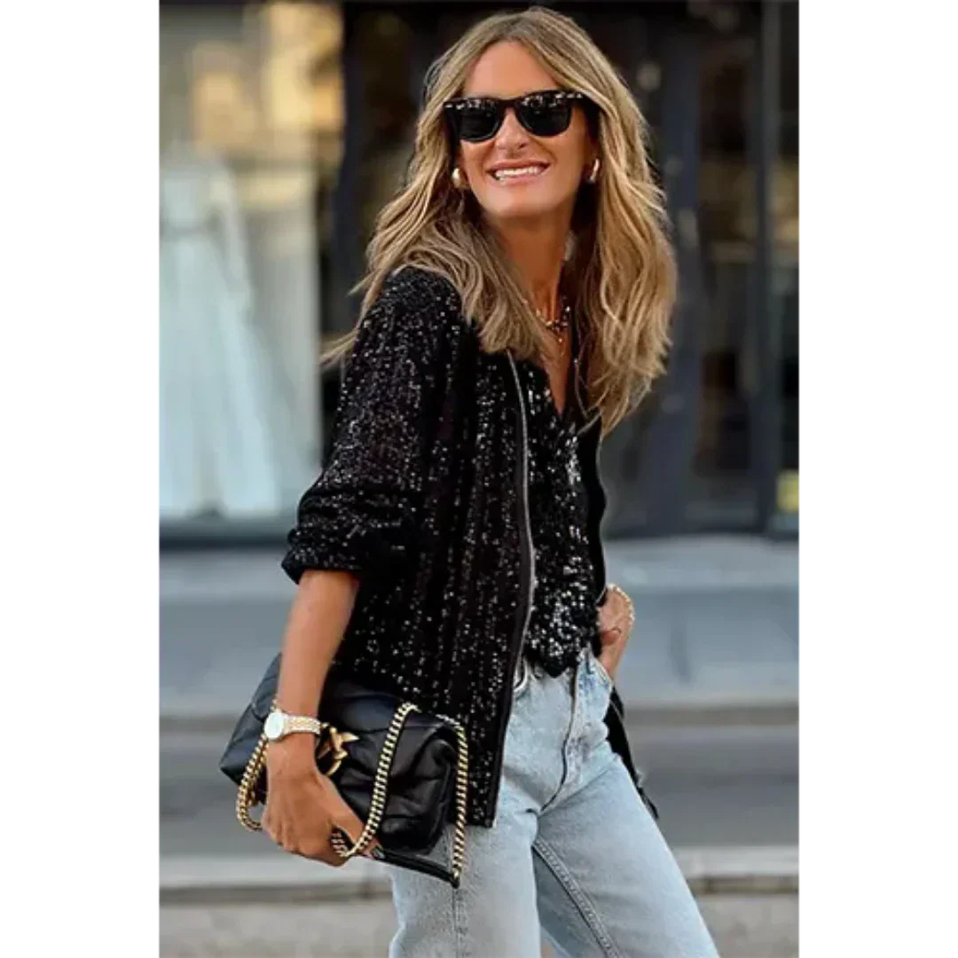 Giubbotto bomber da donna – Vestibilità rilassata – Texture con paillettes – Chiusura con zip