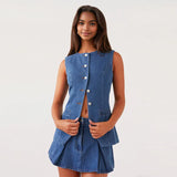 Completo da ufficio in due pezzi senza maniche con bottoni in denim tinta unita