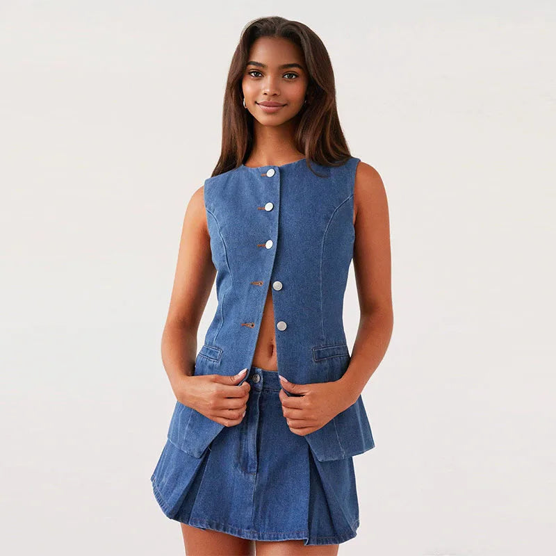 Completo da ufficio in due pezzi senza maniche con bottoni in denim tinta unita