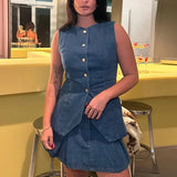 Completo da ufficio in due pezzi senza maniche con bottoni in denim tinta unita