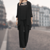Completo da donna composto da tre pezzi – Taglio fluido – Pizzo delicato – Comodi pantaloni a gamba larga