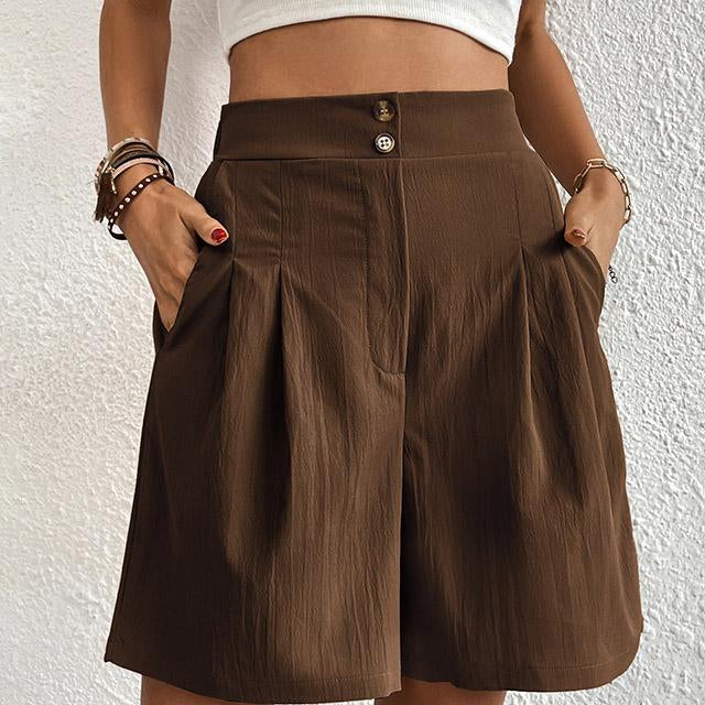 Pantaloncini da donna - Vita alta - Gamba larga - Pieghe eleganti - Tasche laterali