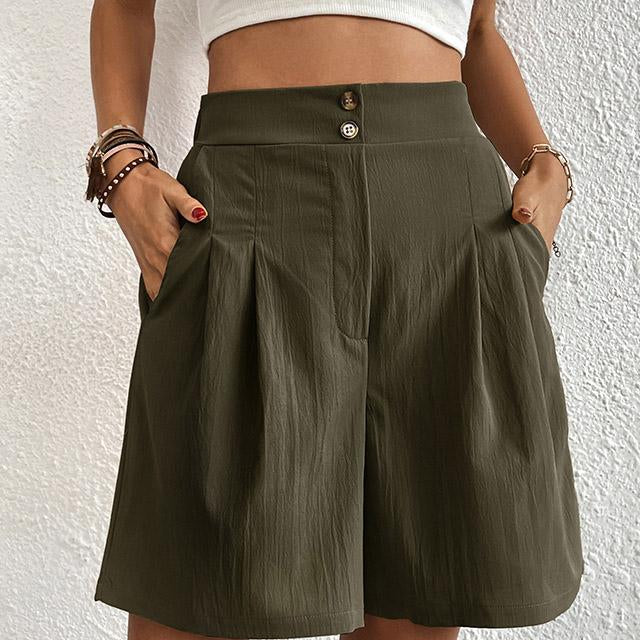 Pantaloncini da donna - Vita alta - Gamba larga - Pieghe eleganti - Tasche laterali