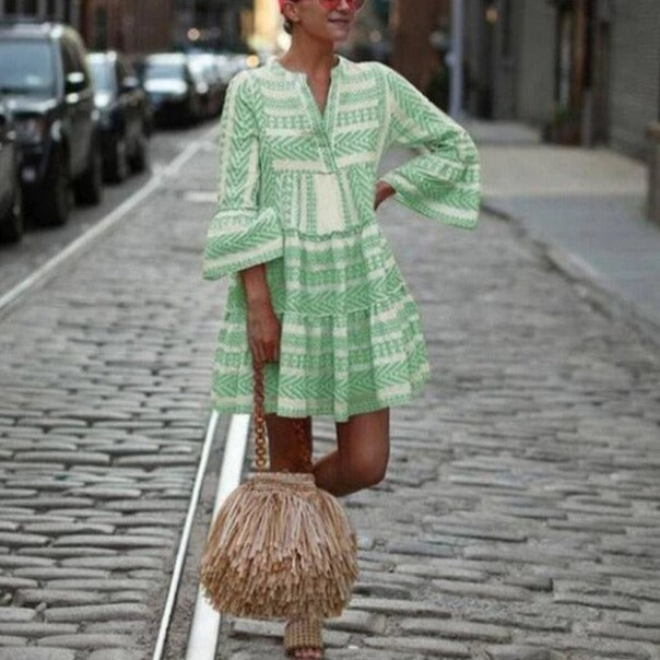 Abito bohémien da donna – Taglio svasato – Maniche svasate – Scollo a V – Tessuto traspirante