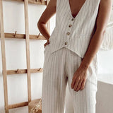 Completo da ufficio a due pezzi con gamba larga a righe in cotone e lino