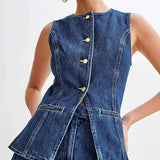 Completo da ufficio in due pezzi con pantaloncini senza maniche e scollo a O in denim