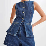 Completo da ufficio in due pezzi con pantaloncini senza maniche e scollo a O in denim