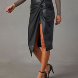 Gonna a tubino da donna – Taglio aderente – Effetto pelle – Vita drappeggiata – Spacco laterale midi