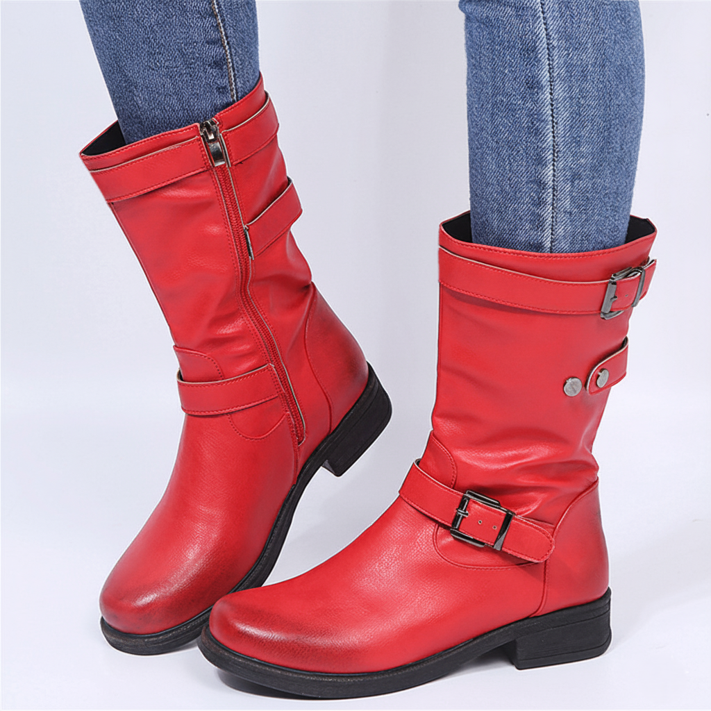 Stivali da donna - Punta tonda - Fibbie decorative - Cerniera laterale