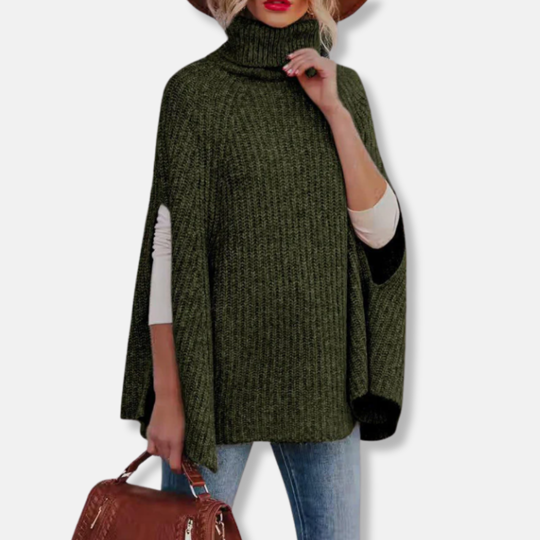 Maglione a mantella da donna – Vestibilità comoda – Collo alto – Maglia a coste – Misto lana