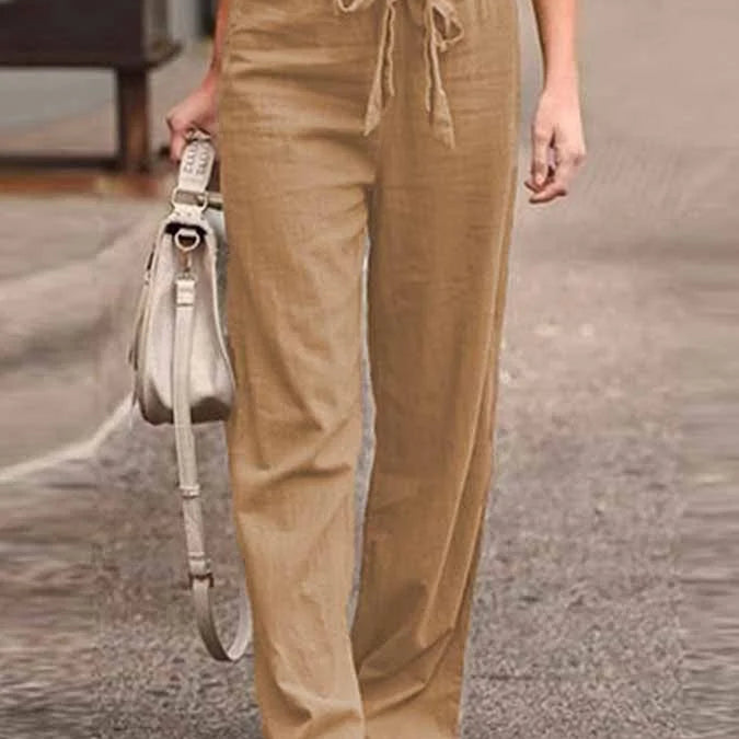 Pantaloni larghi da donna – Vita alta – Fibre naturali – Cintura annodabile – Lunghezza intera