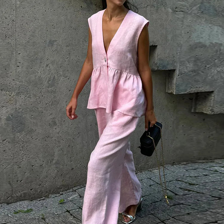 Completo da ufficio ampio e largo in cotone e lino rosa