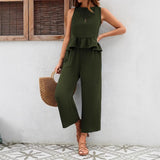 Completo pantalone e gilet da donna – Tessuto traspirante – Vestibilità ampia e fluida – Dettaglio arricciato