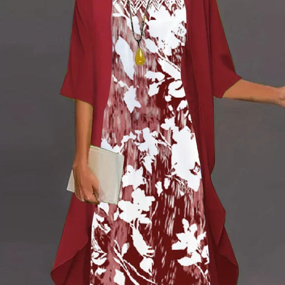 Completo abito in chiffon da donna – Vestibilità fluida – Stampa floreale – Stratificazione asimmetrica