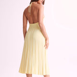 Abito midi da donna – Maglia a coste – Taglio aderente – Scollo all'americana – Gonna plissettata