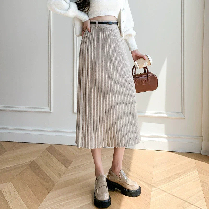 Gonna midi da donna – Vestibilità slim – Plissettata – Vita alta con cintura – Lana