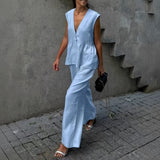 Completo due pezzi da donna – Top peplo senza maniche con scollo a V – Pantaloni lunghi e fluidi