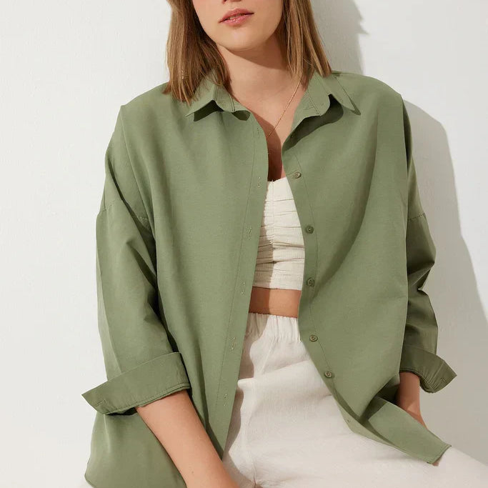 Blusa da donna oversize – Cotone morbido – Maniche lunghe – Abbottonatura – Collo classico