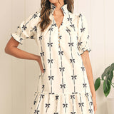 Abito a trapezio da donna – Fibre naturali – Maniche a sbuffo – Motivo fiocco – Scollo sceso