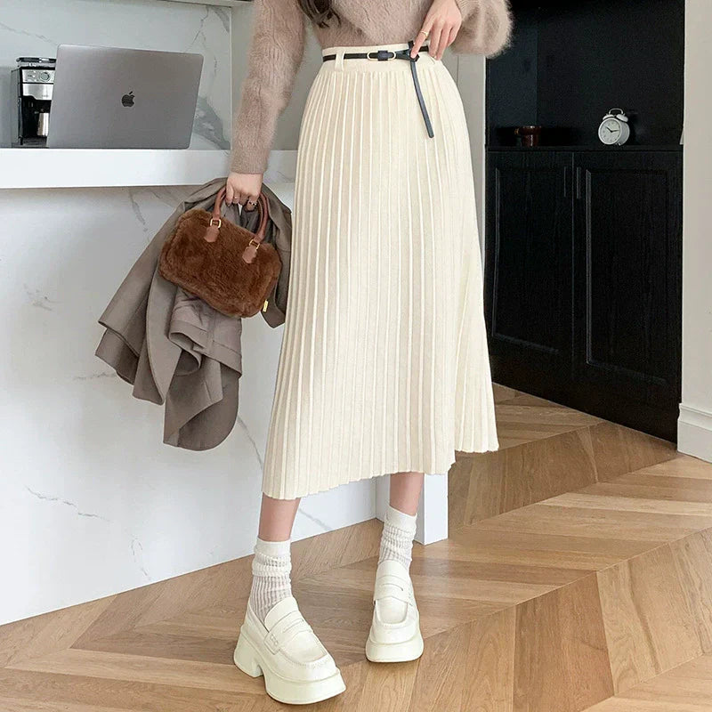 Gonna midi da donna – Vestibilità slim – Plissettata – Vita alta con cintura – Lana