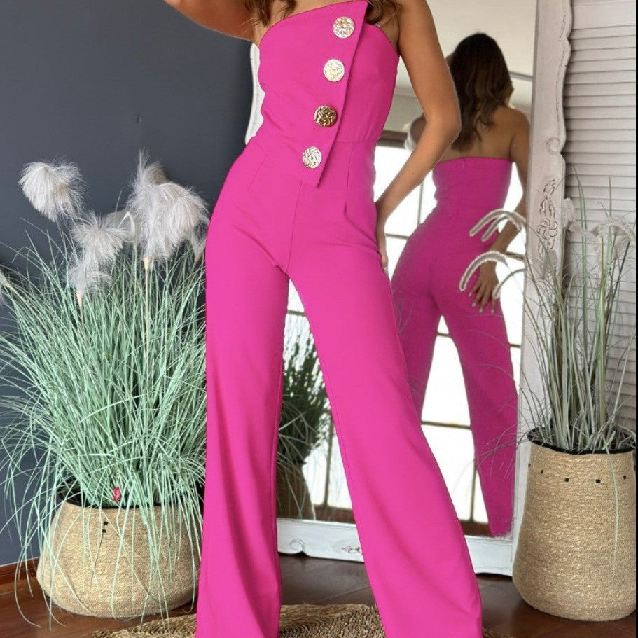 Tuta da donna – Monospalla – Taglio aderente – Pantaloni larghi e fluidi – Bottoni