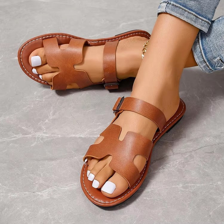 Sandali da donna – Pelle sintetica – Punta aperta – Suola piatta – Cinturino regolabile