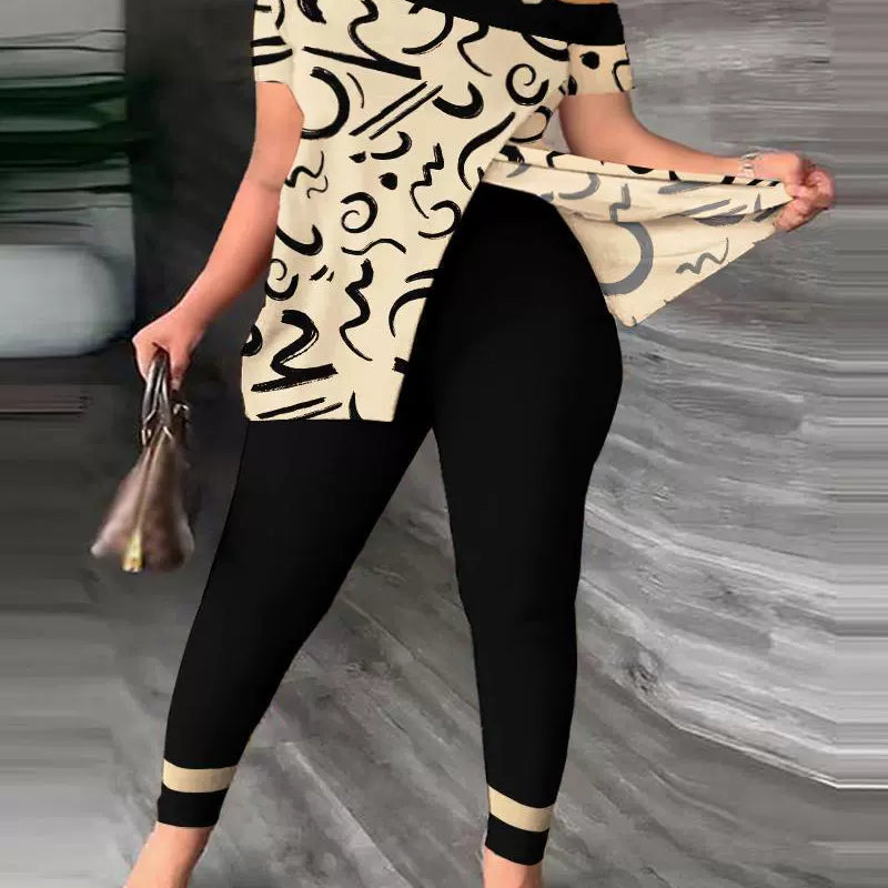 Completo da donna – Top rilassato con spalle scoperte – Pantaloni aderenti con fantasia – Tessuto leggero