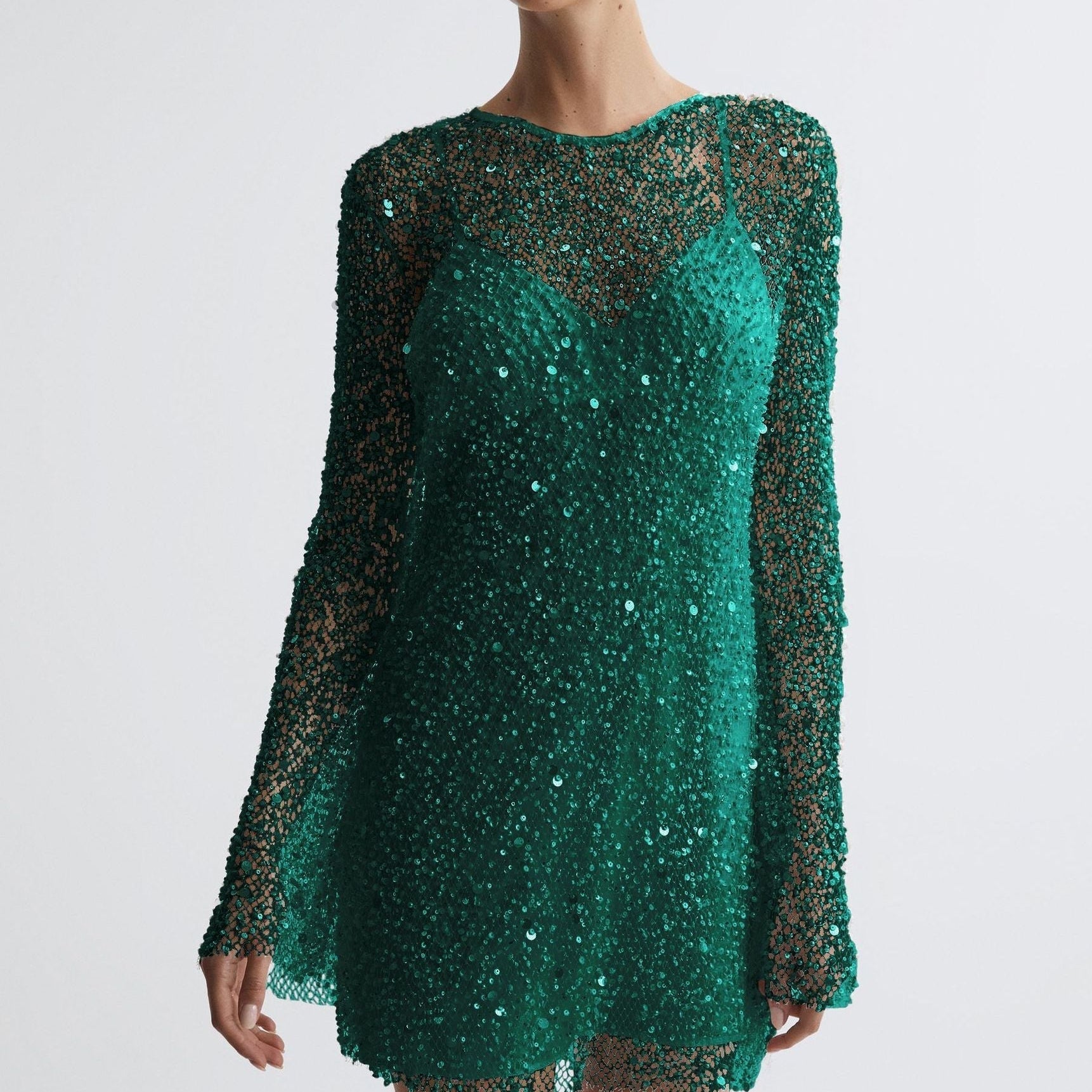 Abito da cocktail da donna – Taglio aderente – Maniche lunghe – Paillettes – Lunghezza mini