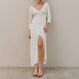 Abito lungo da donna – Maglia fine – Taglio aderente – Spacco alto – Scollo a V