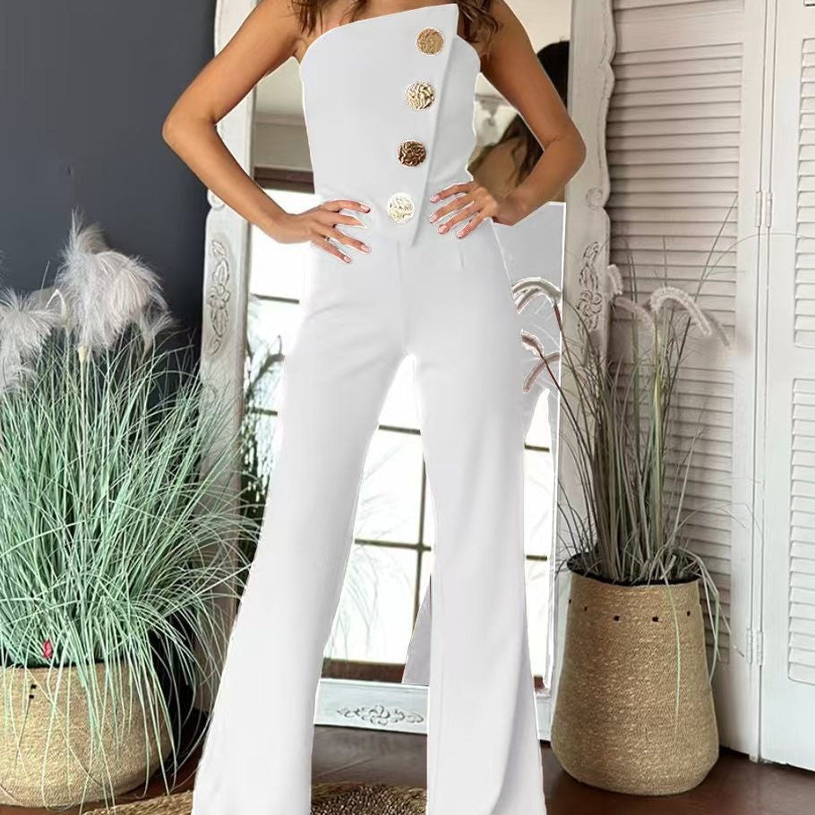 Tuta da donna – Monospalla – Taglio aderente – Pantaloni larghi e fluidi – Bottoni