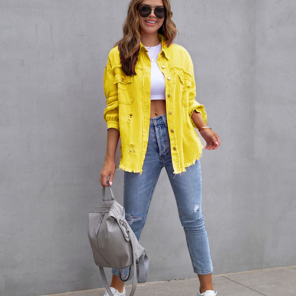 Giacca in denim da donna – Vestibilità oversize – Lavaggio invecchiato – Lunghezza a metà fianchi