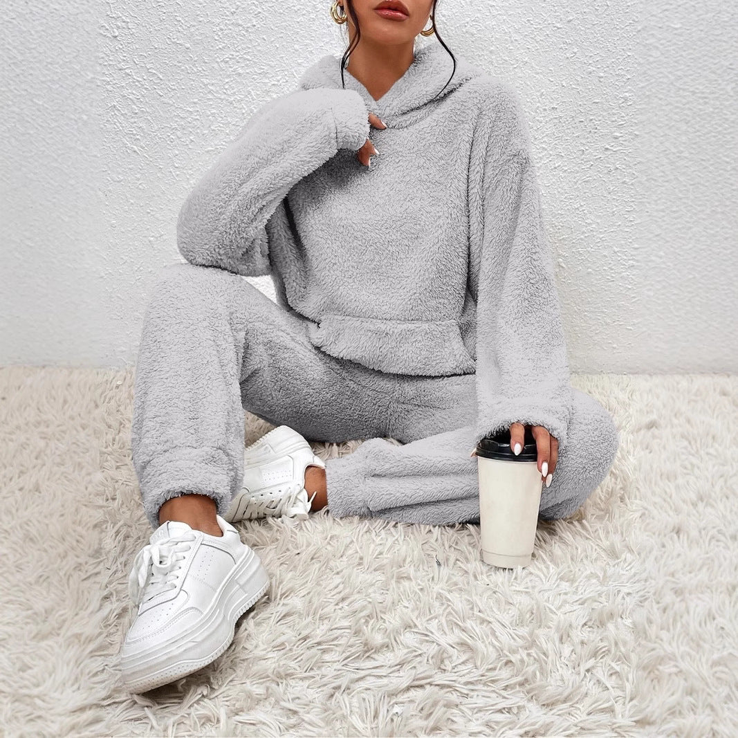 Completo due pezzi da donna – Felpa con cappuccio oversize – Pantaloni a gamba larga – Tessuto morbido peluche