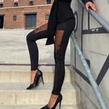 Pantaloni da donna - Tessuto elasticizzato - Vestibilità slim - Inserti in pizzo floreale - Vita alta