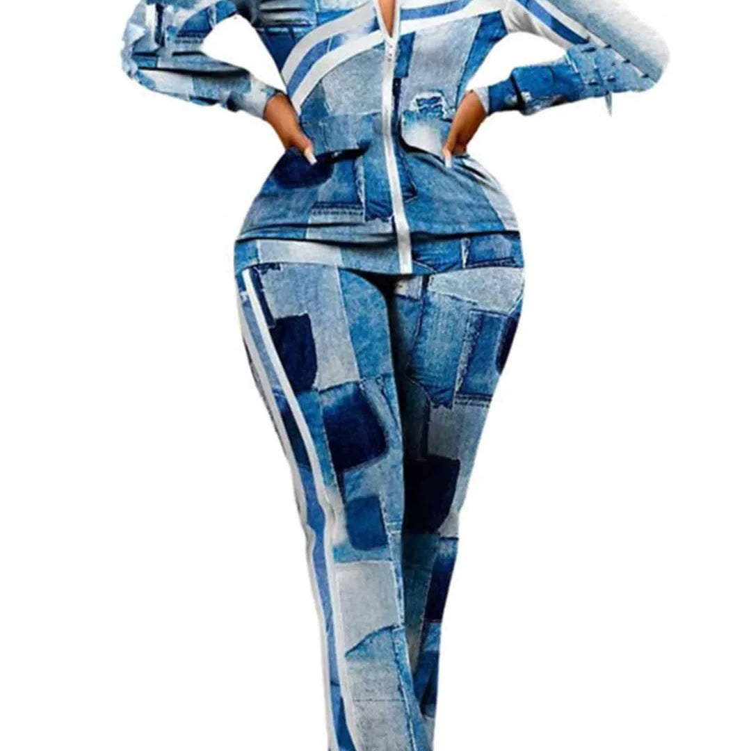 Completo due pezzi pantaloni da donna – Vestibilità slim – Stampa animalier – Cerniera frontale