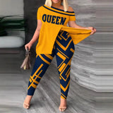 Completo da donna – Top rilassato con spalle scoperte – Pantaloni aderenti con fantasia – Tessuto leggero