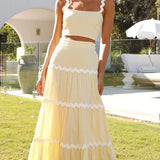 Completo due pezzi da donna – Top bustier aderente – Gonna lunga con volant – Tessuto leggero