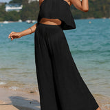 Completo due pezzi da donna – Top bustier fluido – Pantaloni larghi a vita alta