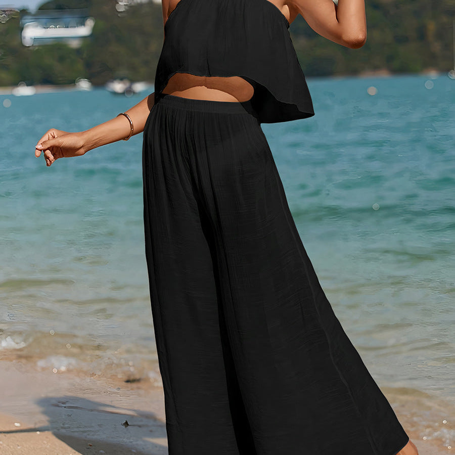 Completo due pezzi da donna – Top bustier fluido – Pantaloni larghi a vita alta