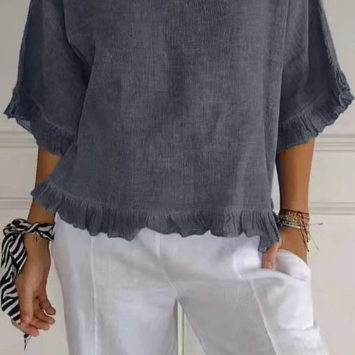 Camicetta da donna a maniche corte – Vestibilità fluida – Misto lino e cotone – Scollo rotondo – Rifiniture arricciate