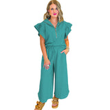 Completo casual da donna – Top con collo a volant e cerniera – Pantaloni larghi con coulisse