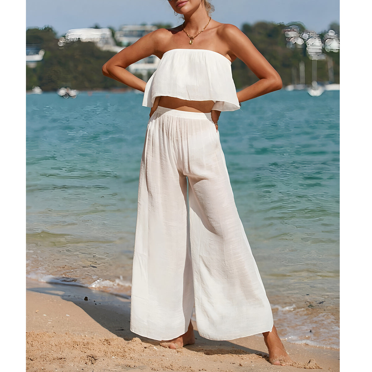 Completo due pezzi da donna – Top bustier fluido – Pantaloni larghi a vita alta