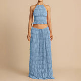 Completo da donna in due pezzi: top con arricciatura sul retro, gonna lunga con elastico in vita, tessuto traspirante