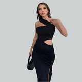 Elegante abito lungo asimmetrico monospalla con ritagli per donna