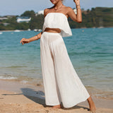 Completo due pezzi da donna – Top bustier fluido – Pantaloni larghi a vita alta