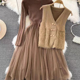 Abito midi da donna in due pezzi – Top a coste – Gonna svasata in tulle – Gilet senza maniche